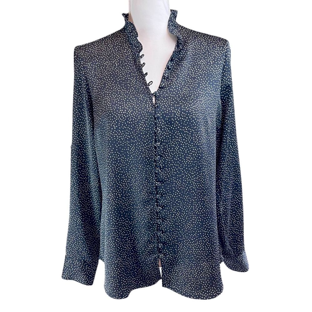 EXPRESS‎ Portofino Black Polka Dot Ruffle Blouse Top Shirt Sz M Office Work Slim
